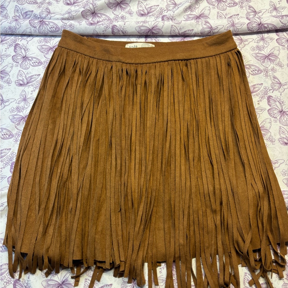 🍄Jolt Brown Suede Fringe Mini Skirt - Picture 1 of 4